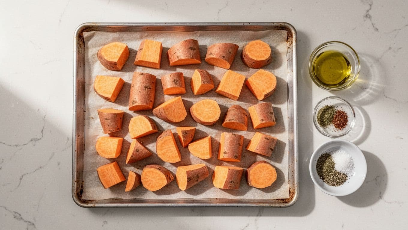 Sweet potato pieces arranged on a parchment-lined sheet pan with oil and seasonings nearby.