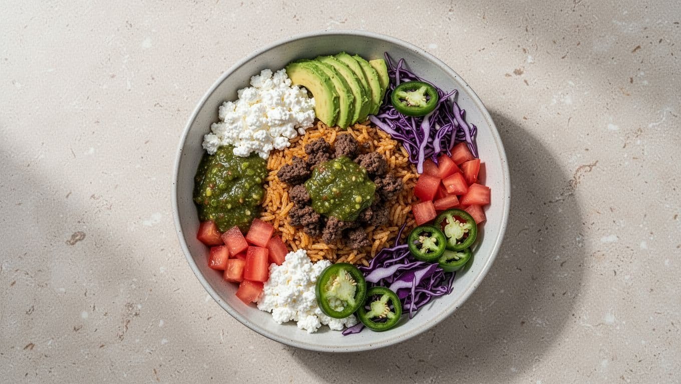 Overhead bowl of taco beef, rice, cottage cheese, avocado, salsa verde, cabbage, tomato, and jalapeño.