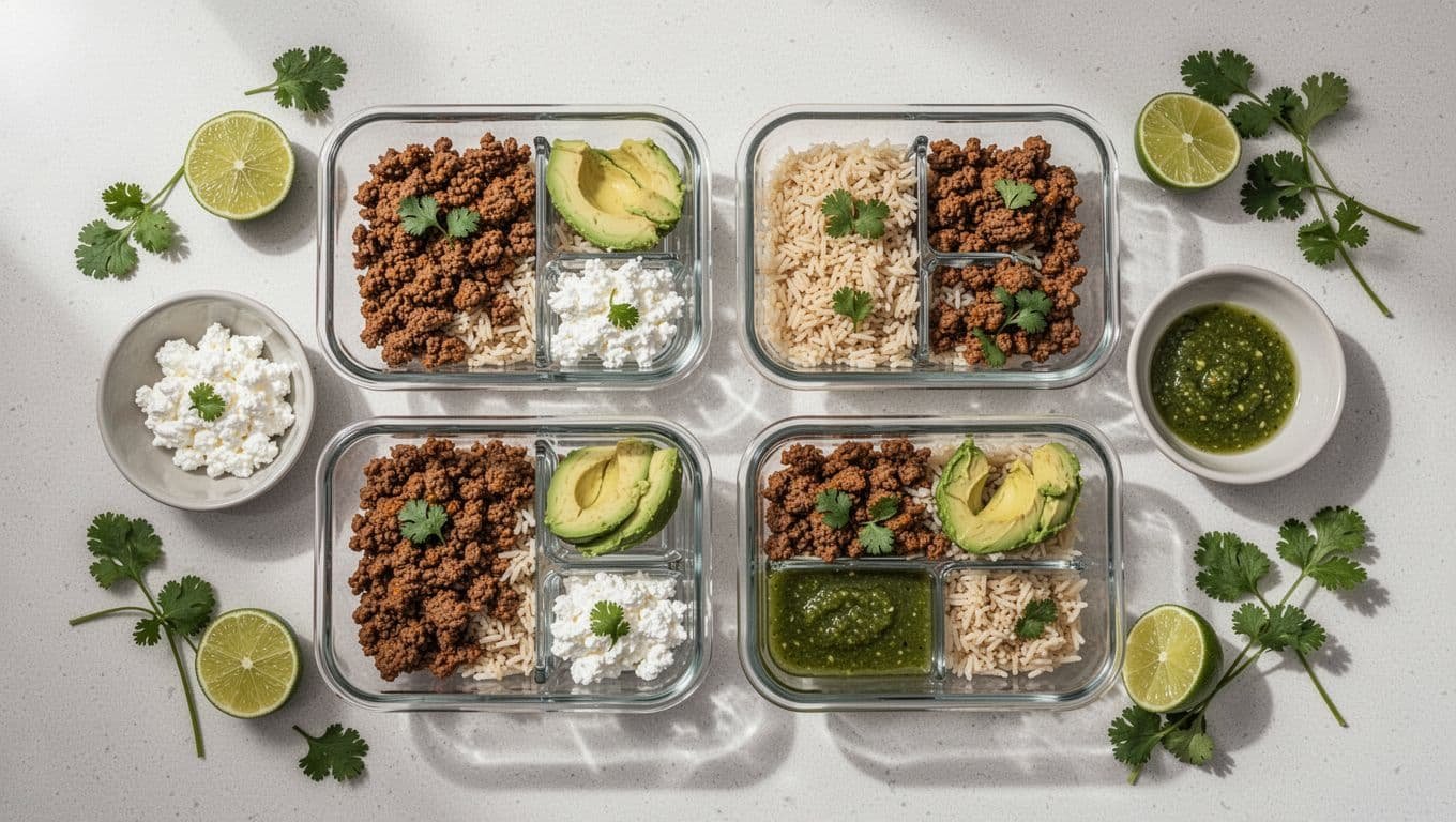 Four glass containers hold taco beef and rice with fresh toppings arranged nearby.