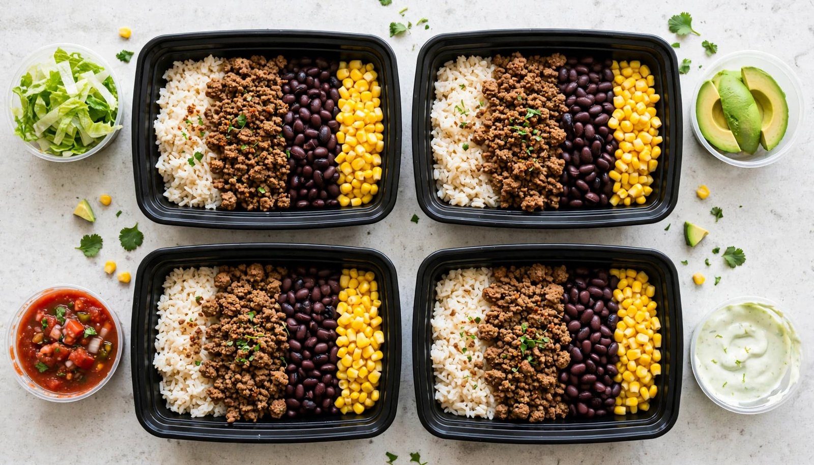 Four taco bowls with toppings in separate containers on a kitchen counter.