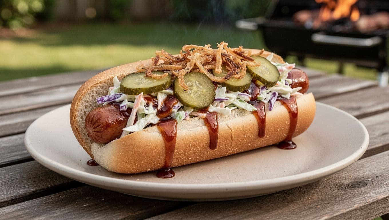 Gourmet hot dog with coleslaw, pickles, crispy onions, and barbecue sauce on a plate.