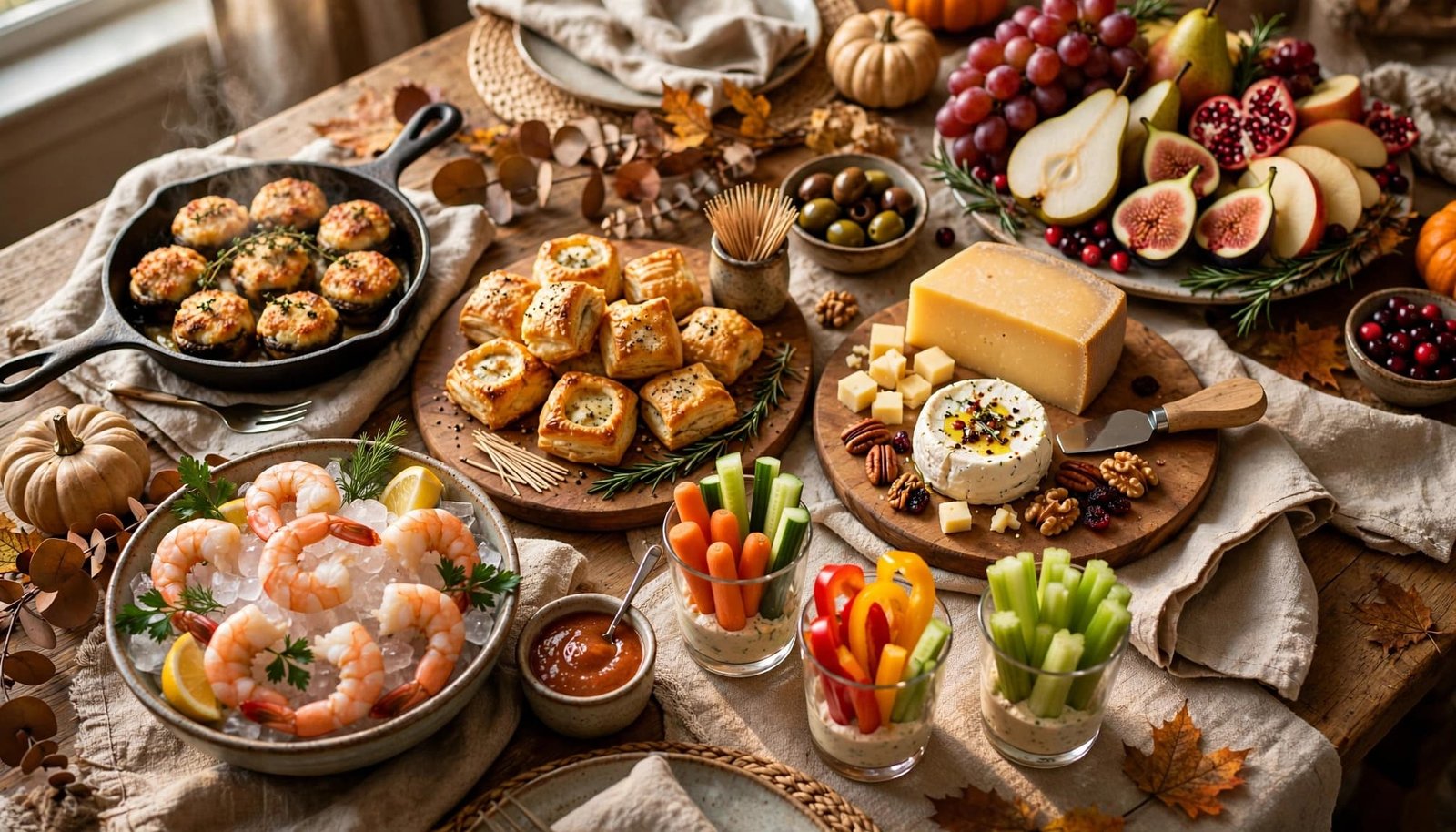 Thanksgiving buffet with baked bites, shrimp, vegetables, cheese, and fruit.