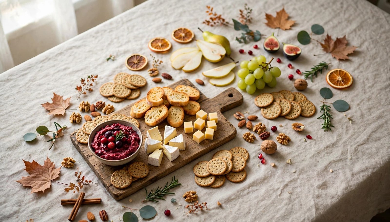 Thanksgiving appetizer spread with crackers, cheese, fruit, nuts, and cranberry dip on a dining table.