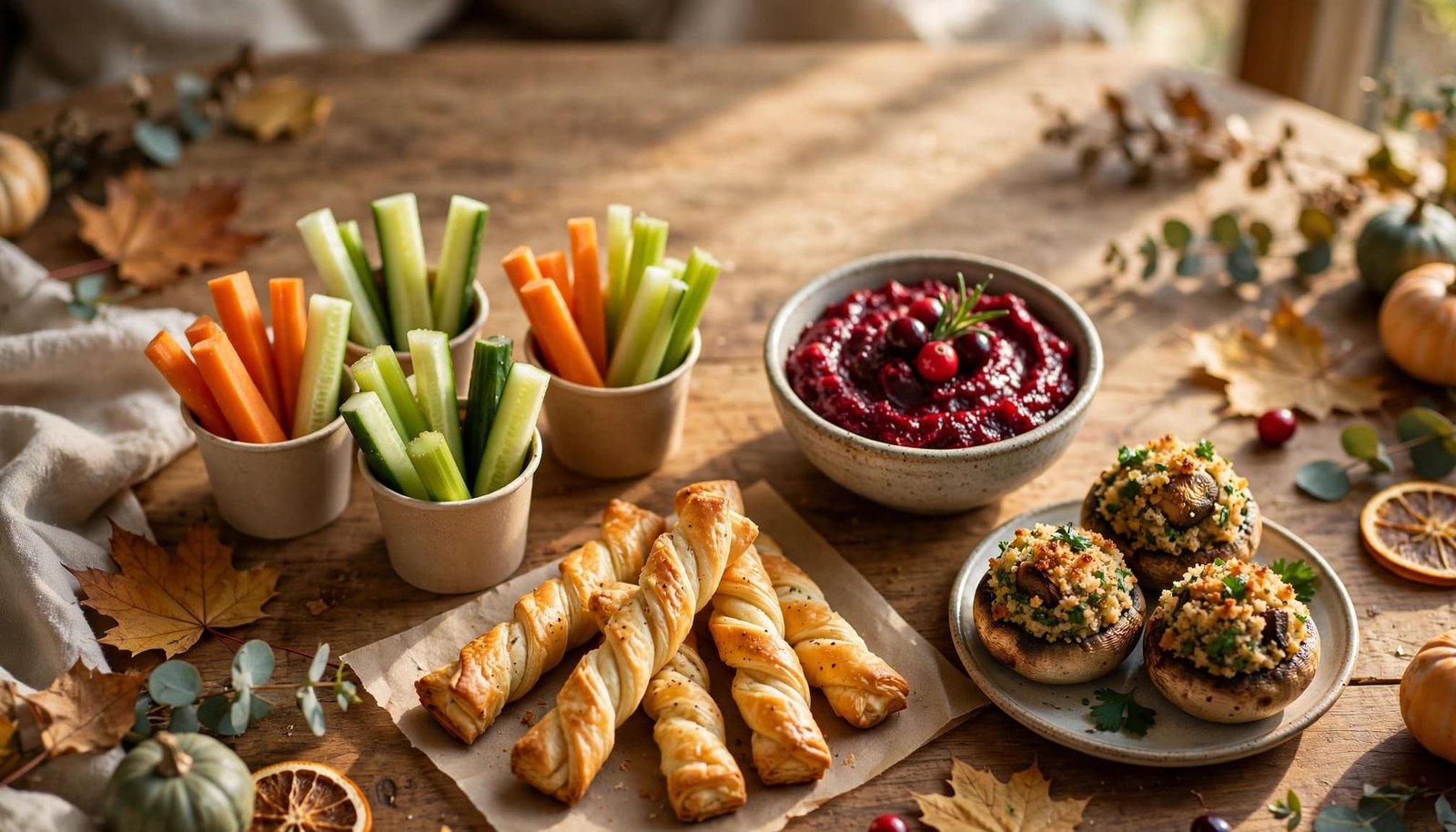 Thanksgiving finger foods arranged on a table with autumn leaves and warm lighting.