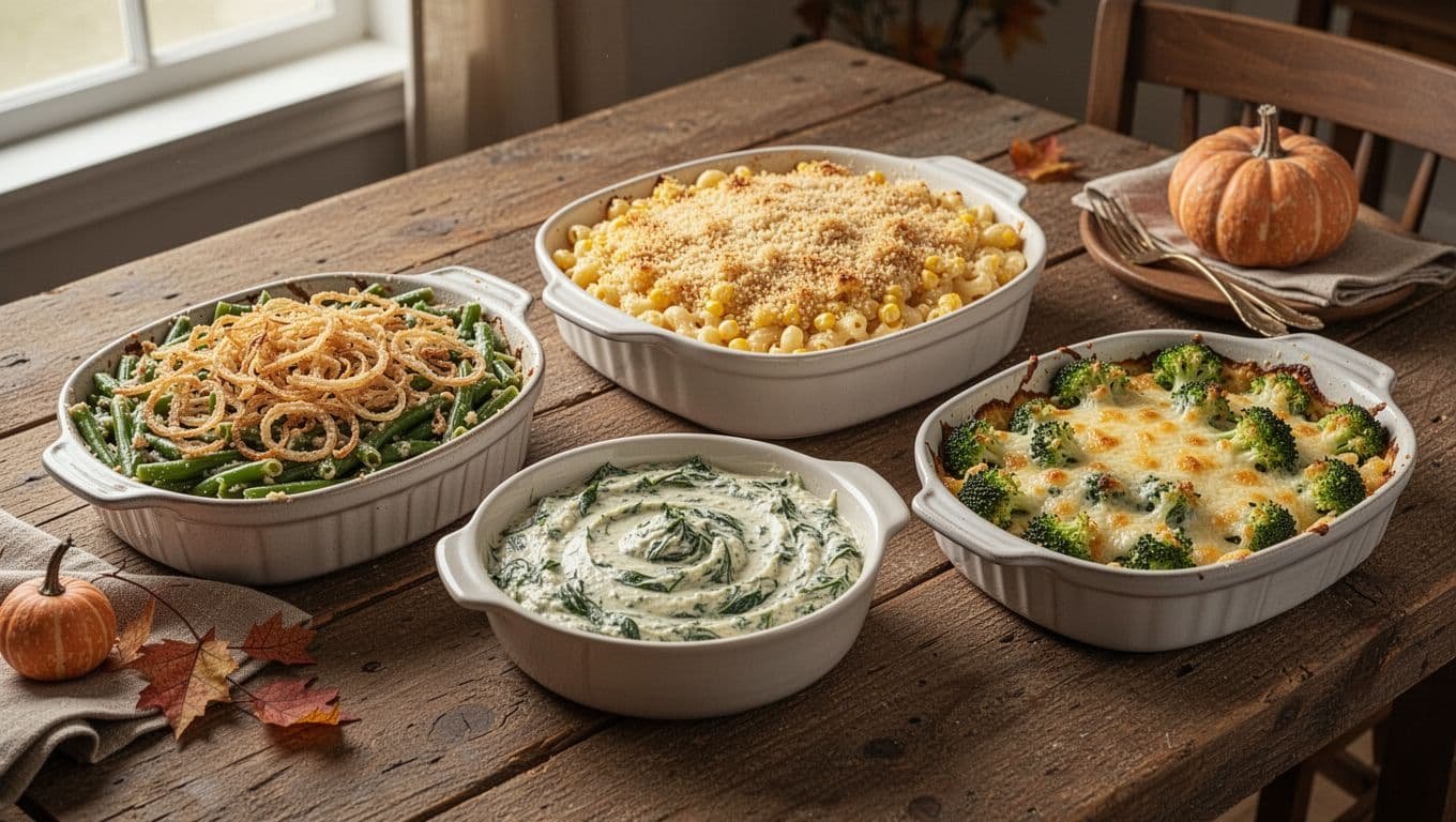 Five Thanksgiving casseroles arranged on a rustic table in warm autumn light.