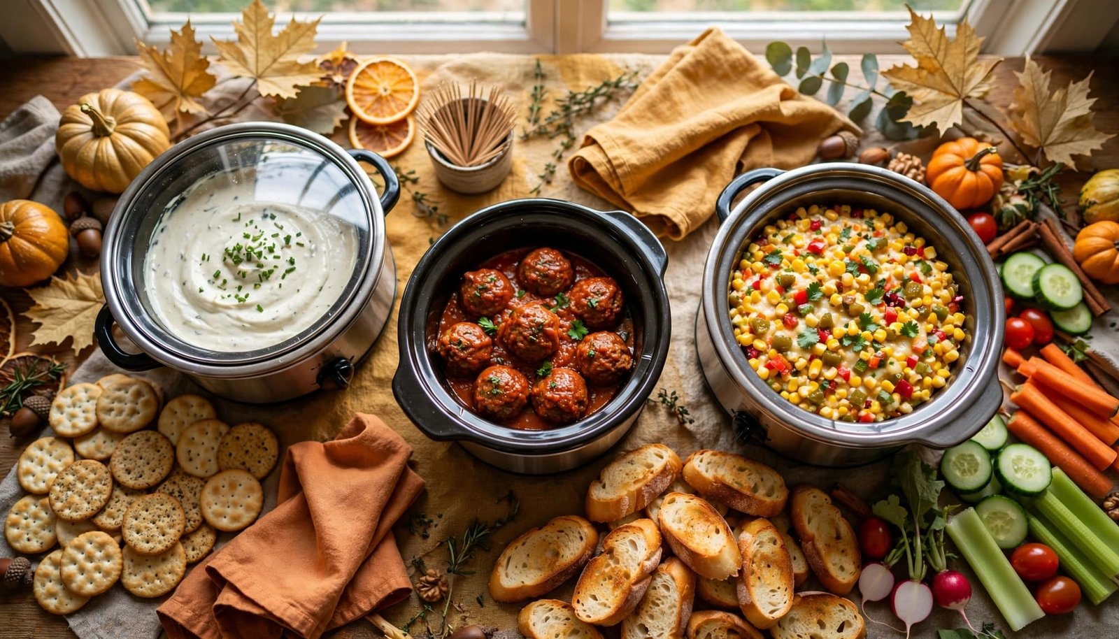 Three slow cookers serve dips and meatballs beside crackers and vegetables.