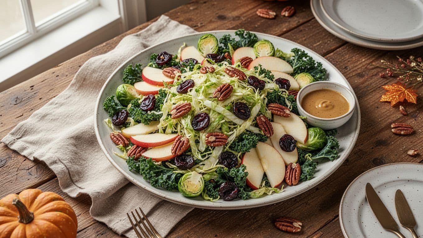 Colorful kale and Brussels sprout salad with apples, cherries, pecans, and dressing on a rustic table.