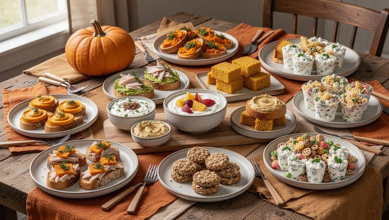 A colorful table holds soft Thanksgiving snacks, toast bites, dips, cornbread, fruit, and pasta salad cups.