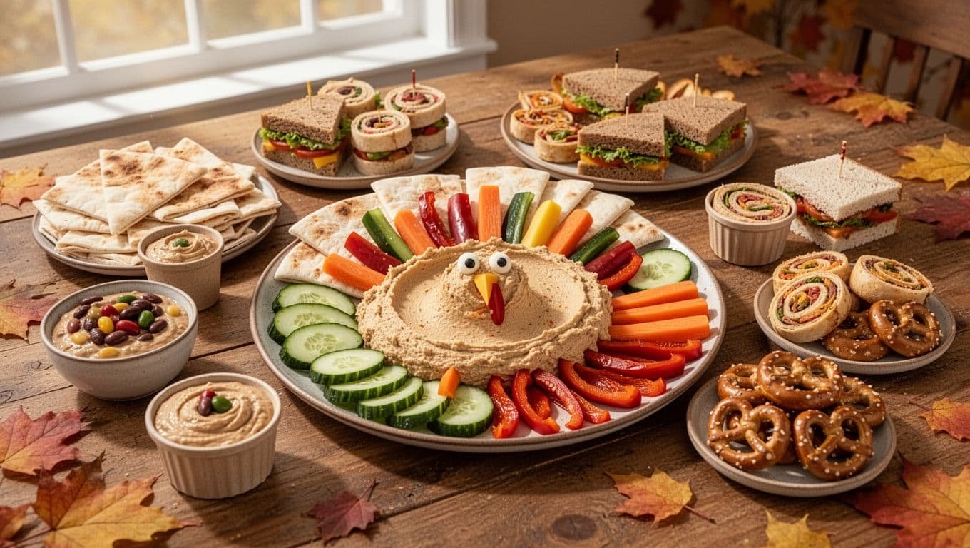 A turkey-shaped hummus platter surrounded by colorful kid-friendly snacks on an autumn table.