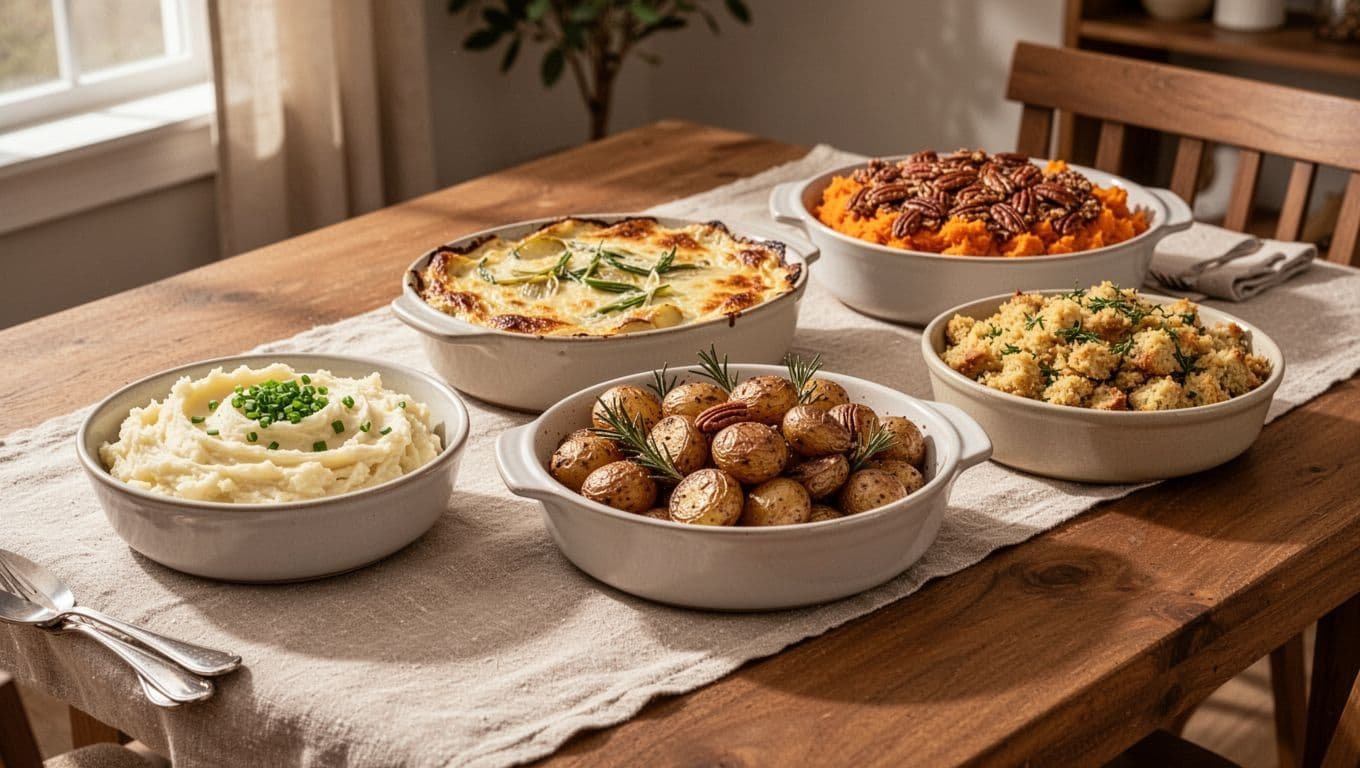 Five Thanksgiving side dishes sit in serving bowls on a warmly decorated dining table.