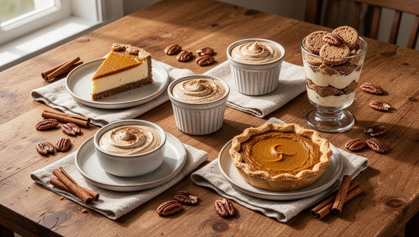 Four pumpkin desserts arranged on a warmly decorated Thanksgiving table.