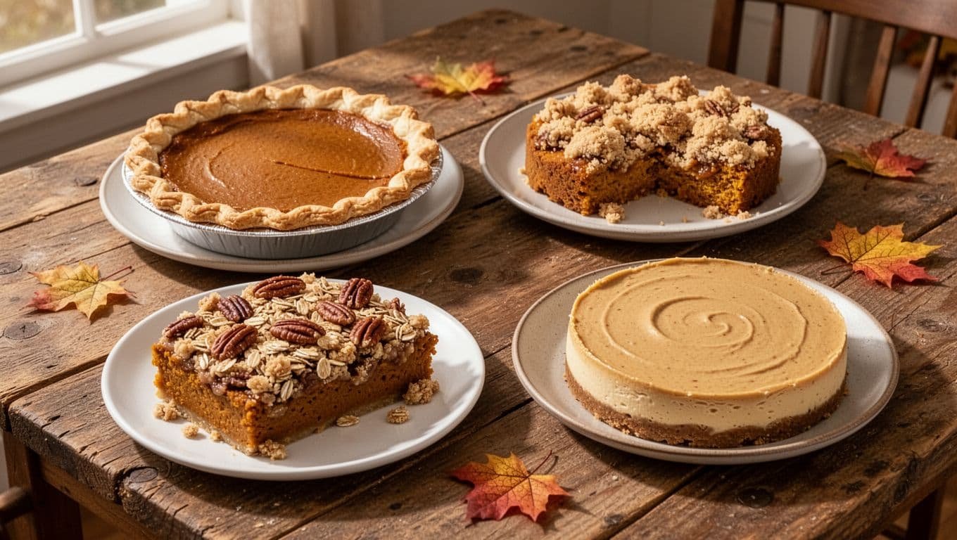 Four pumpkin desserts arranged on a rustic table in warm window light.