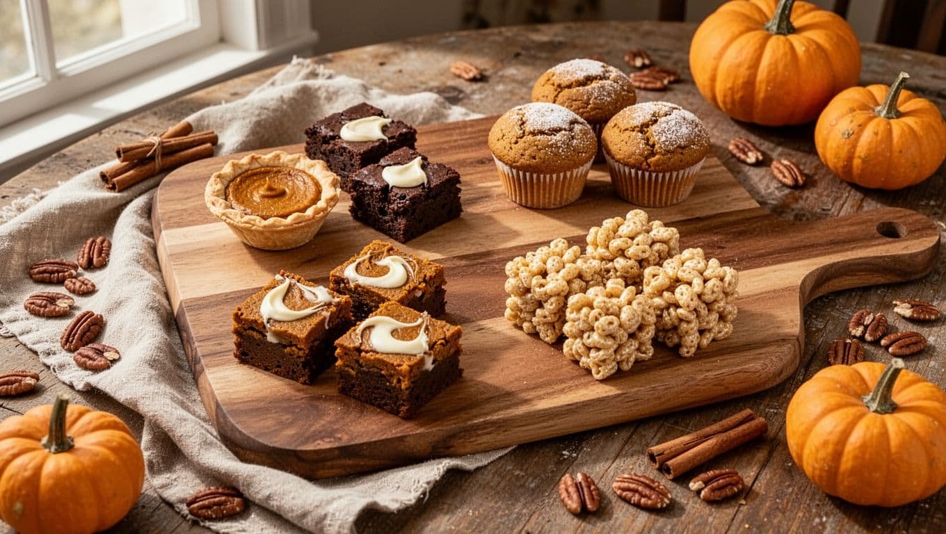A board holds four kinds of pumpkin desserts with pecans, cinnamon sticks, and small pumpkins.