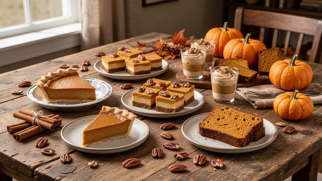 Pumpkin desserts arranged with pecans, cinnamon sticks, and small pumpkins on a rustic table.