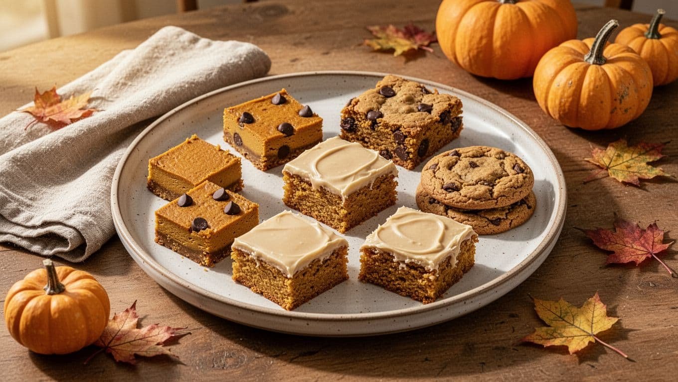 Four kinds of pumpkin desserts arranged on a platter beside pumpkins and autumn leaves.