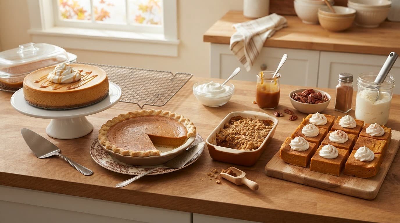 Four pumpkin desserts arranged on a kitchen counter with seasonal toppings and serving items.