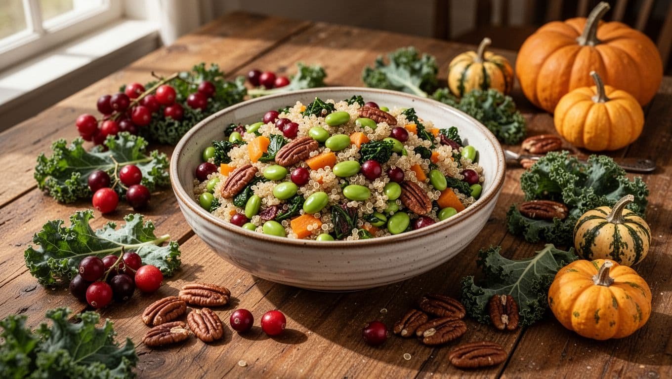 Quinoa and edamame salad in a ceramic bowl surrounded by autumn vegetables.