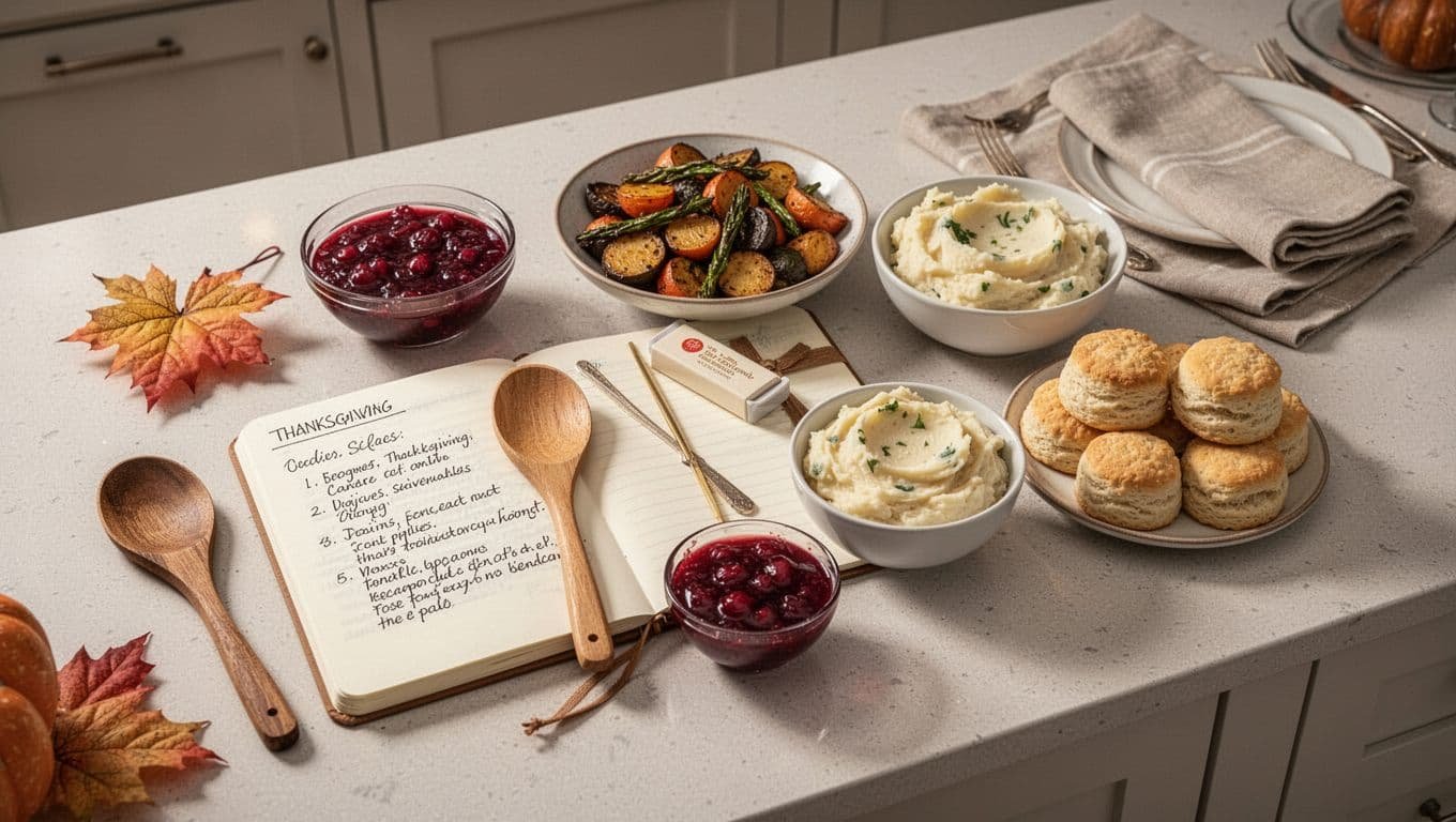 Thanksgiving side dishes arranged around a recipe notebook on a warm kitchen island.