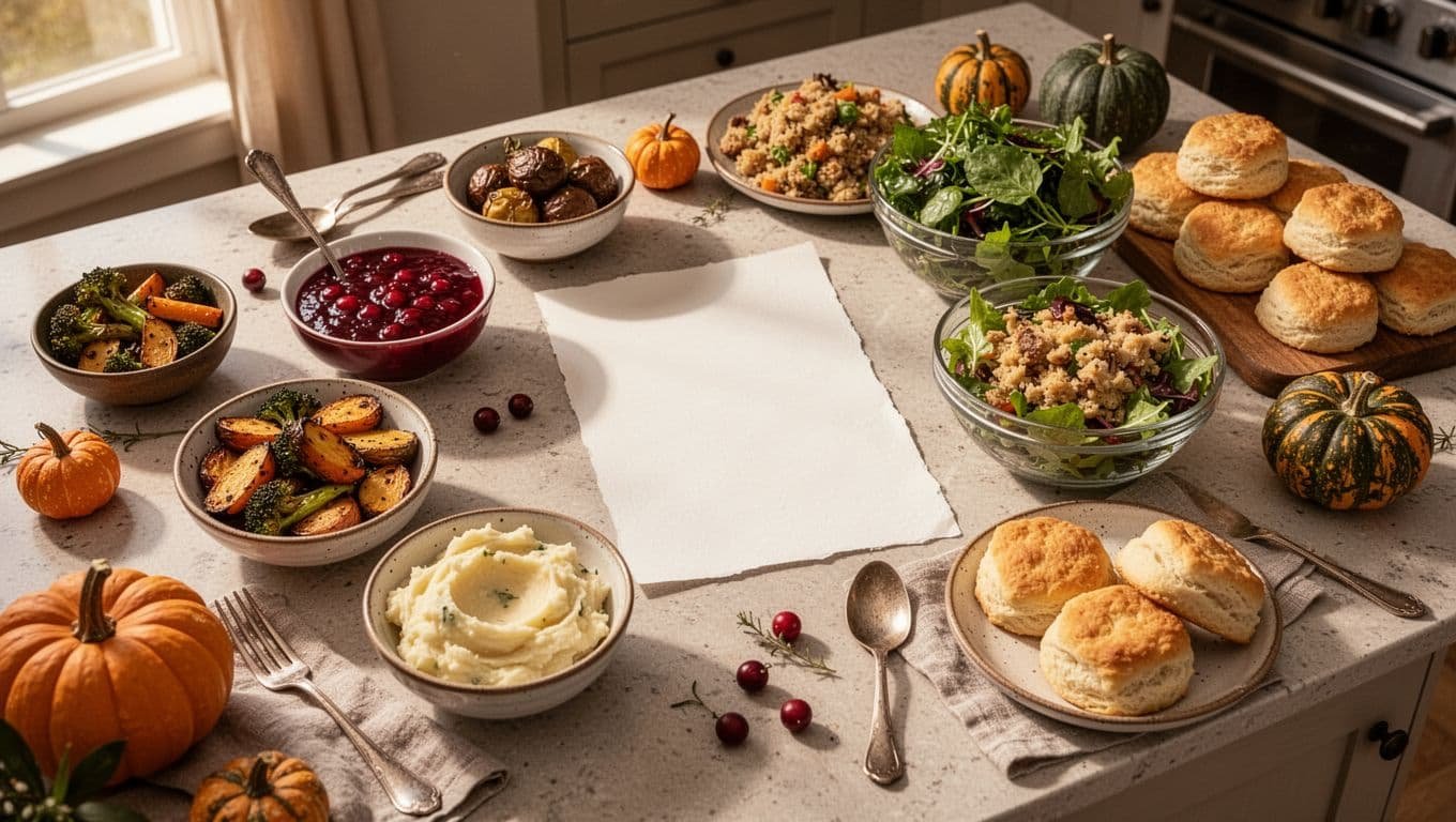 Thanksgiving side dishes and a blank menu card arranged on a kitchen island.
