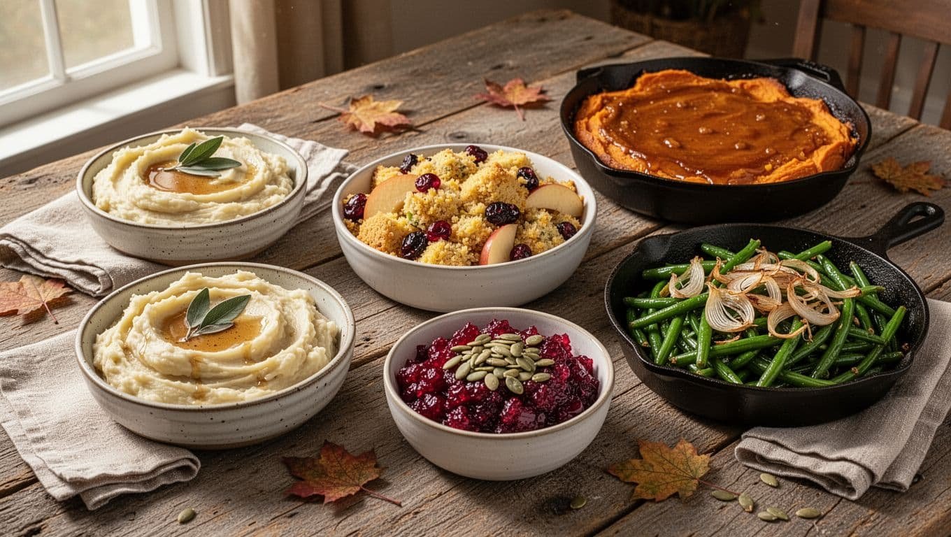 Five Thanksgiving side dishes arranged on a rustic table in warm natural light.