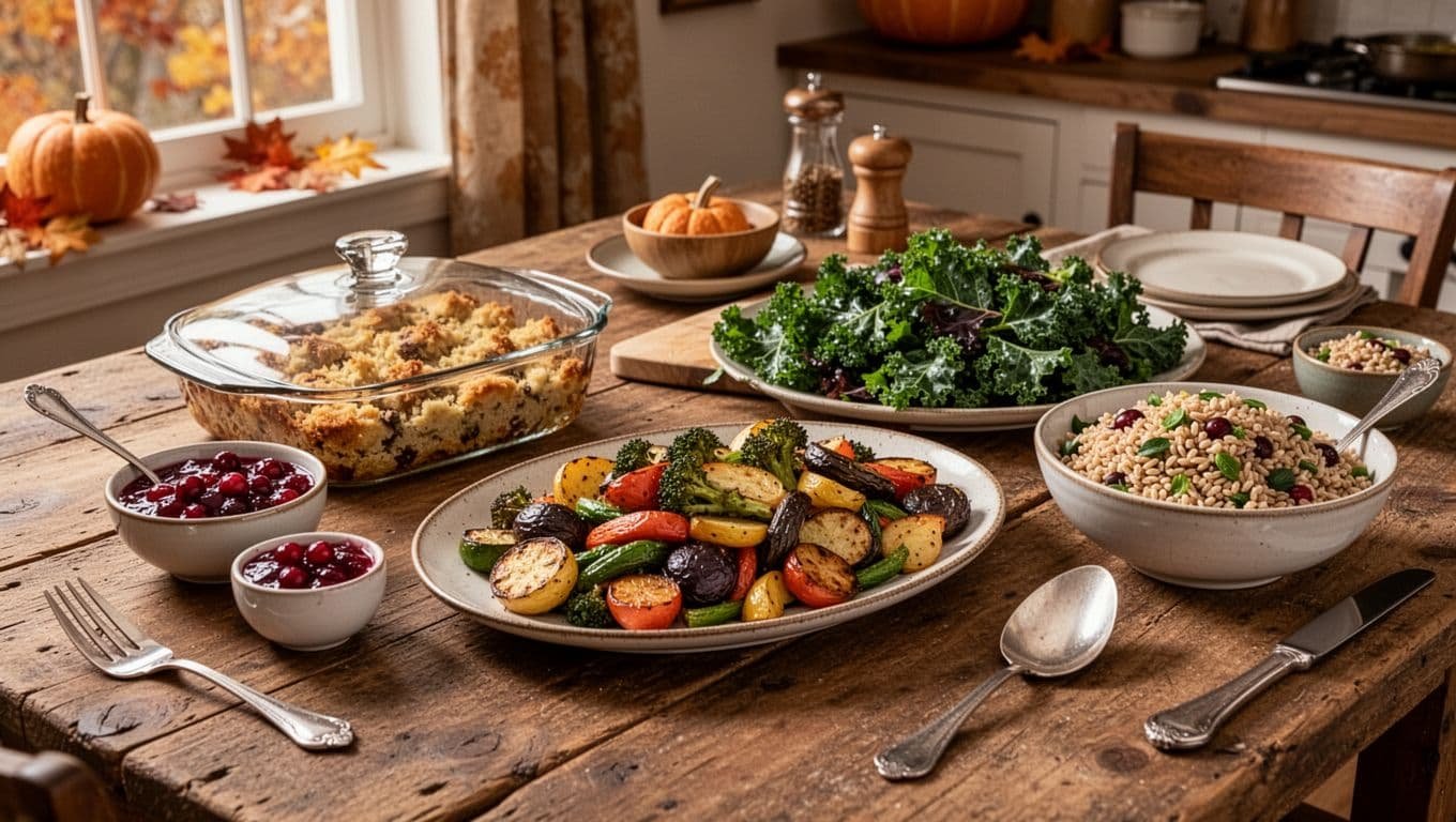 Thanksgiving side dishes arranged in serving bowls on a rustic table.