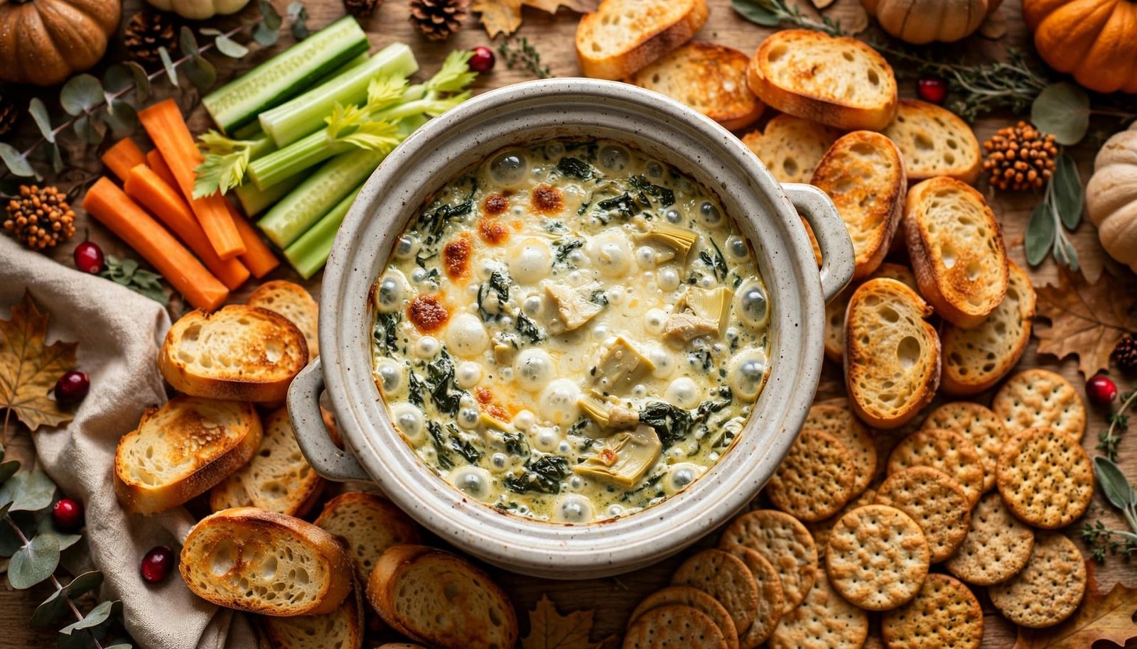 Bubbling spinach artichoke dip surrounded by bread, crackers, and fresh vegetables.