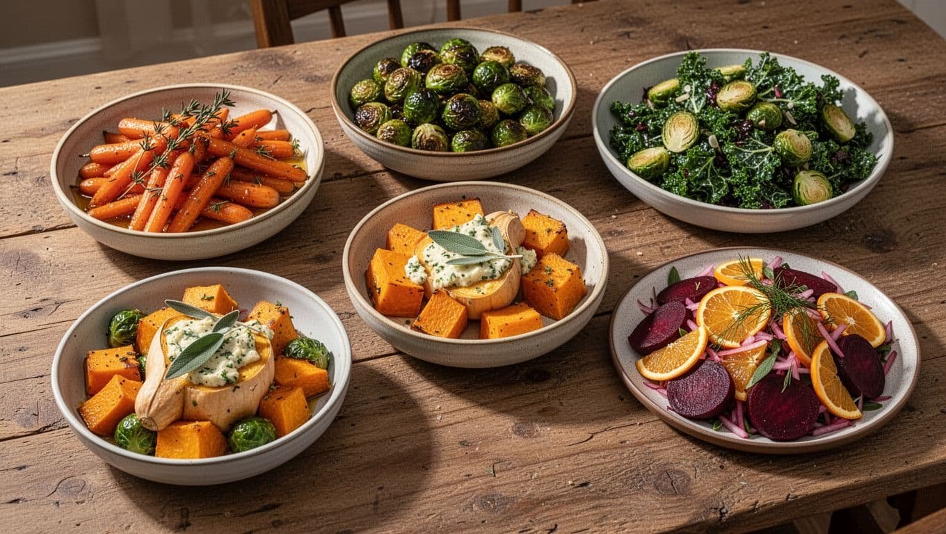 Five colorful vegetable sides arranged in bowls and platters on a rustic dining table.