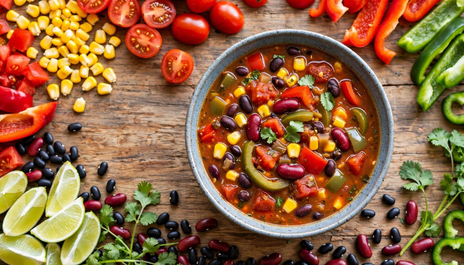 A colorful bowl of minestrone-style vegetable soup with beans, pasta, and herbs.