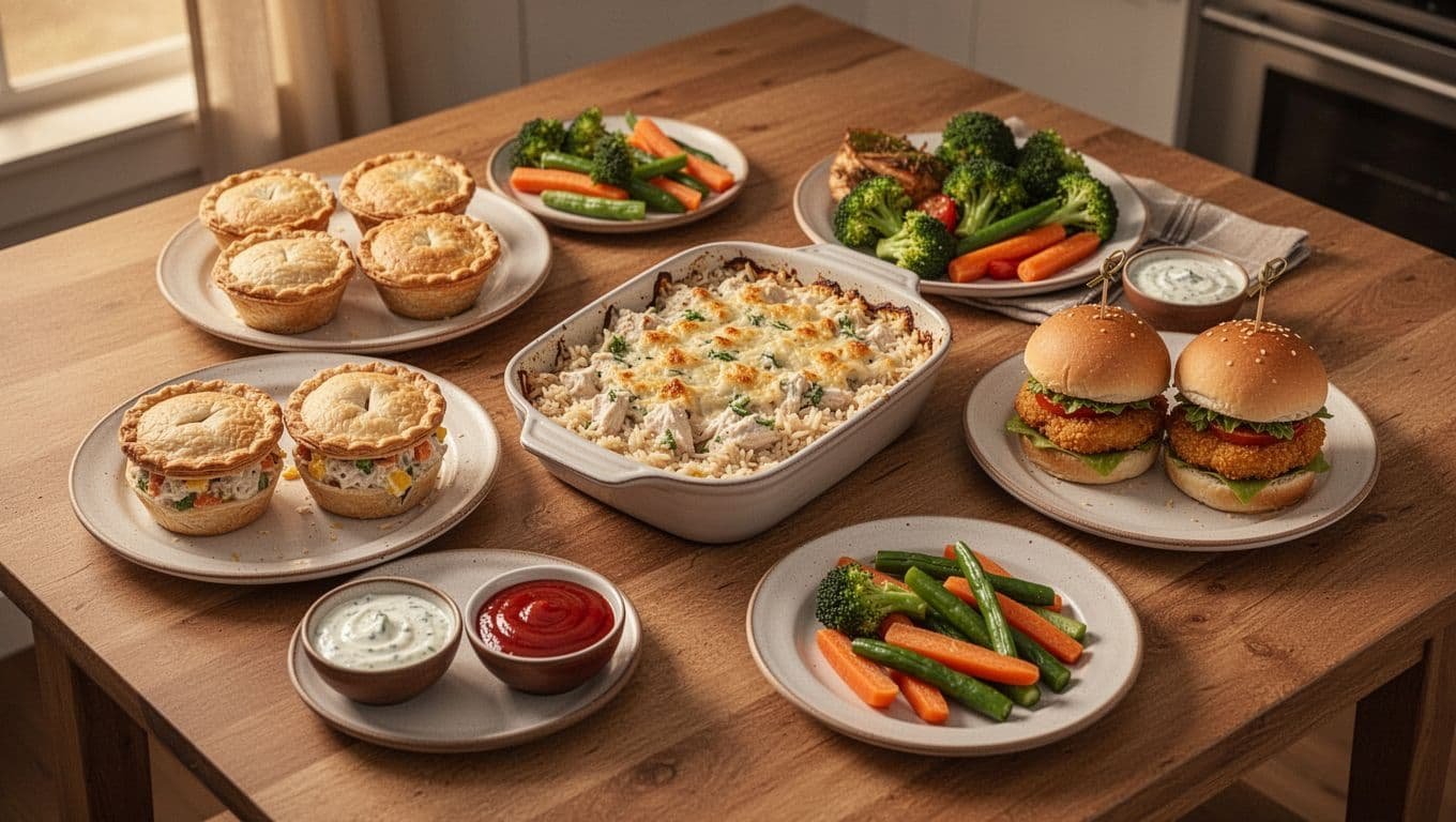 Three chicken dinners served with dipping sauces and vegetables on a kitchen table.