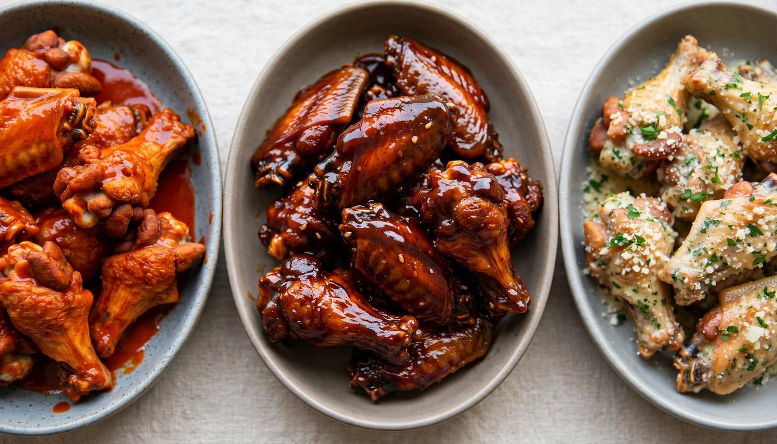 Three bowls of buffalo, barbecue, and garlic Parmesan chicken wings with parsley.