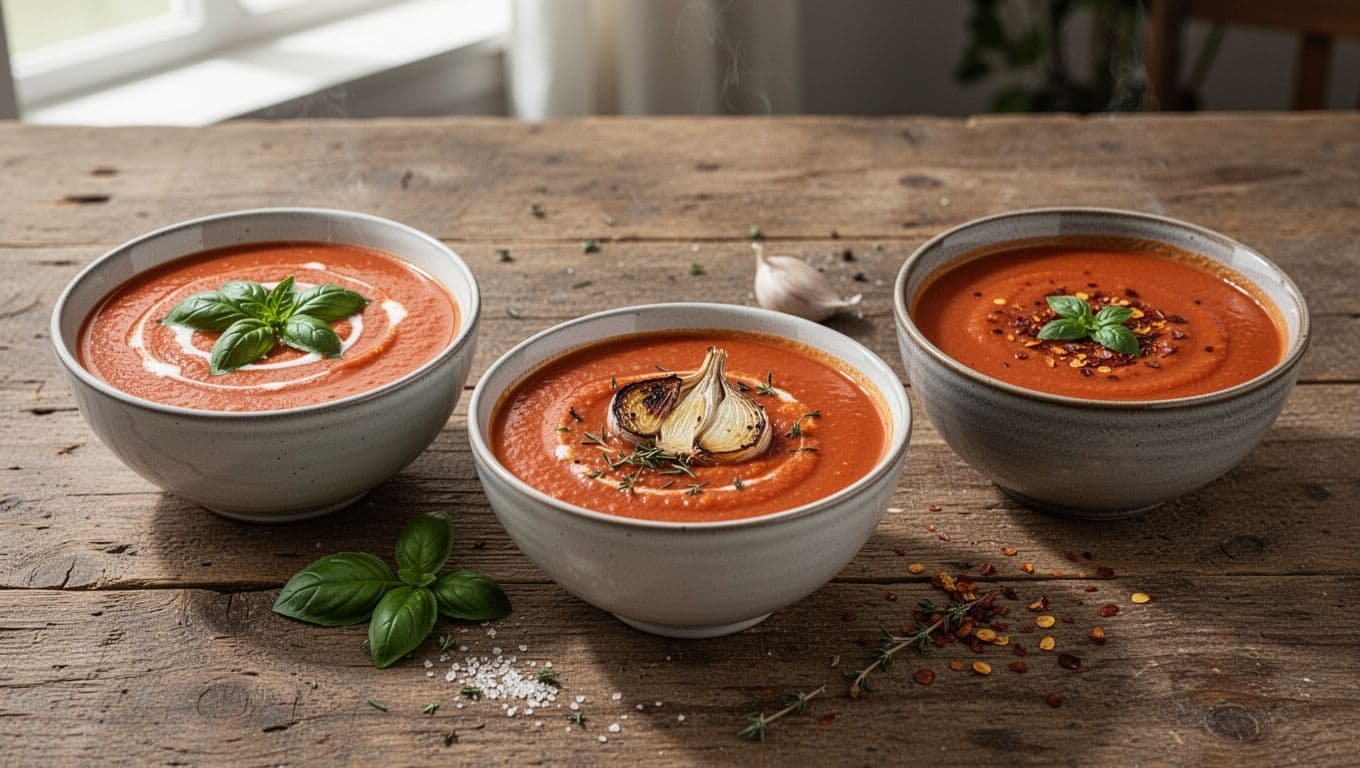 Three garnished bowls of tomato soup arranged on a wooden table.