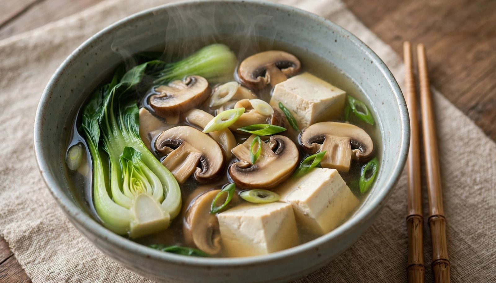 Steaming tofu and mushroom miso soup with bok choy and chopsticks beside the bowl.