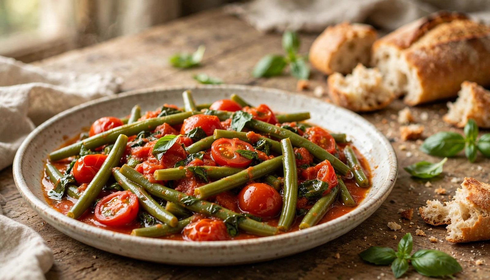 Tomato basil green beans in a ceramic dish with bread and fresh basil.