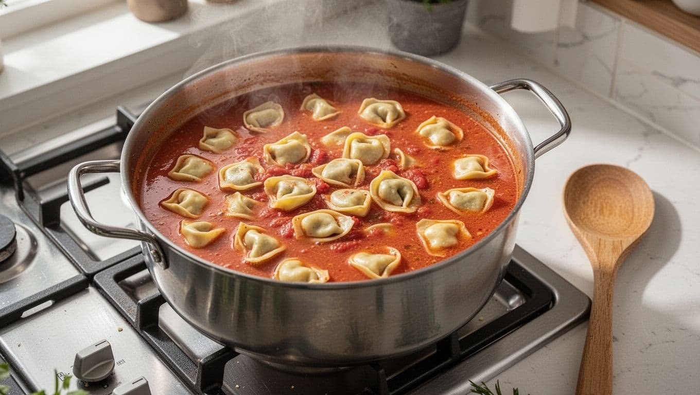 Cheese tortellini simmering in tomato broth on a kitchen stovetop.