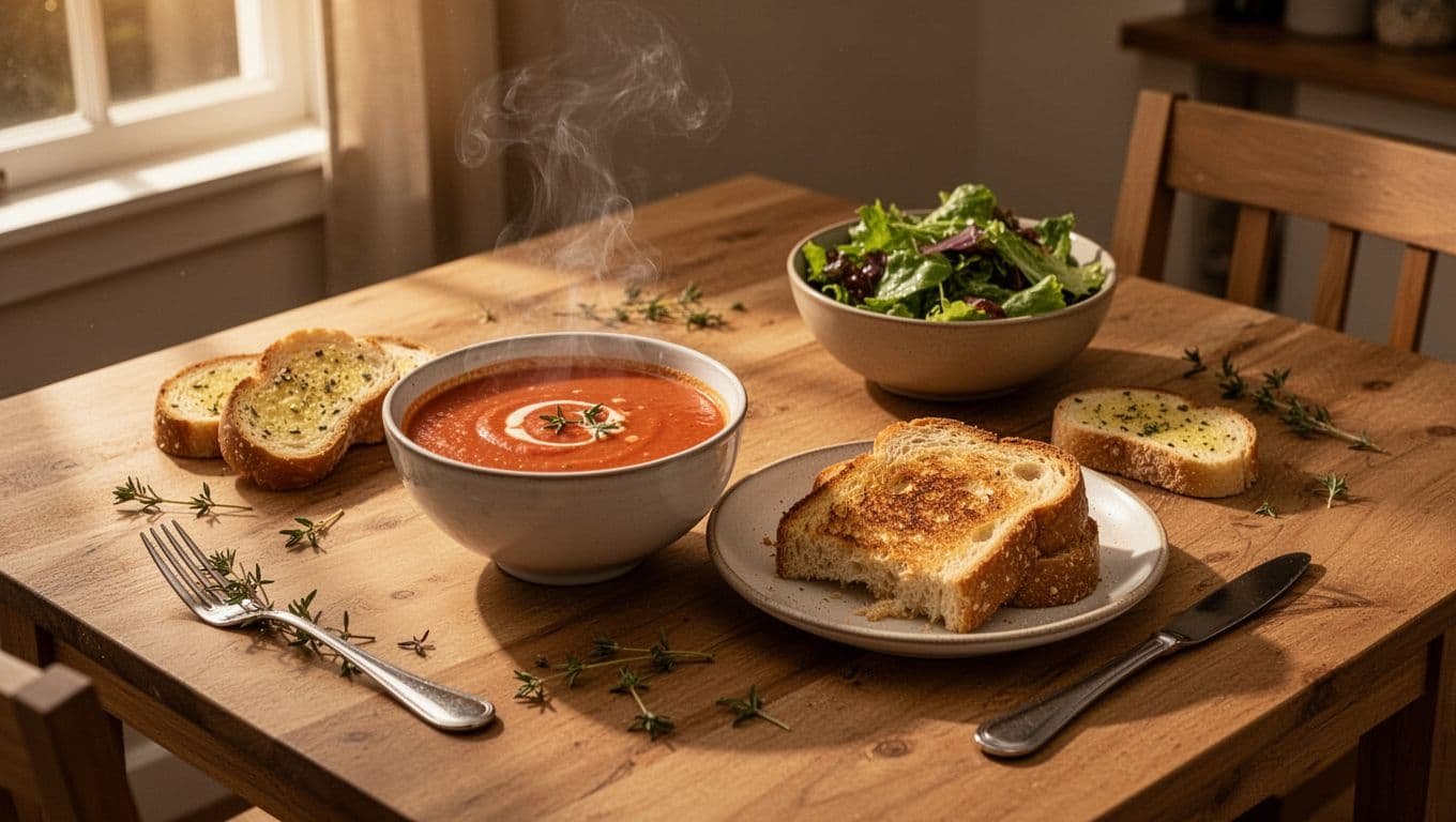 Tomato soup with grilled cheese, garlic toast, salad, and herbs on a table.