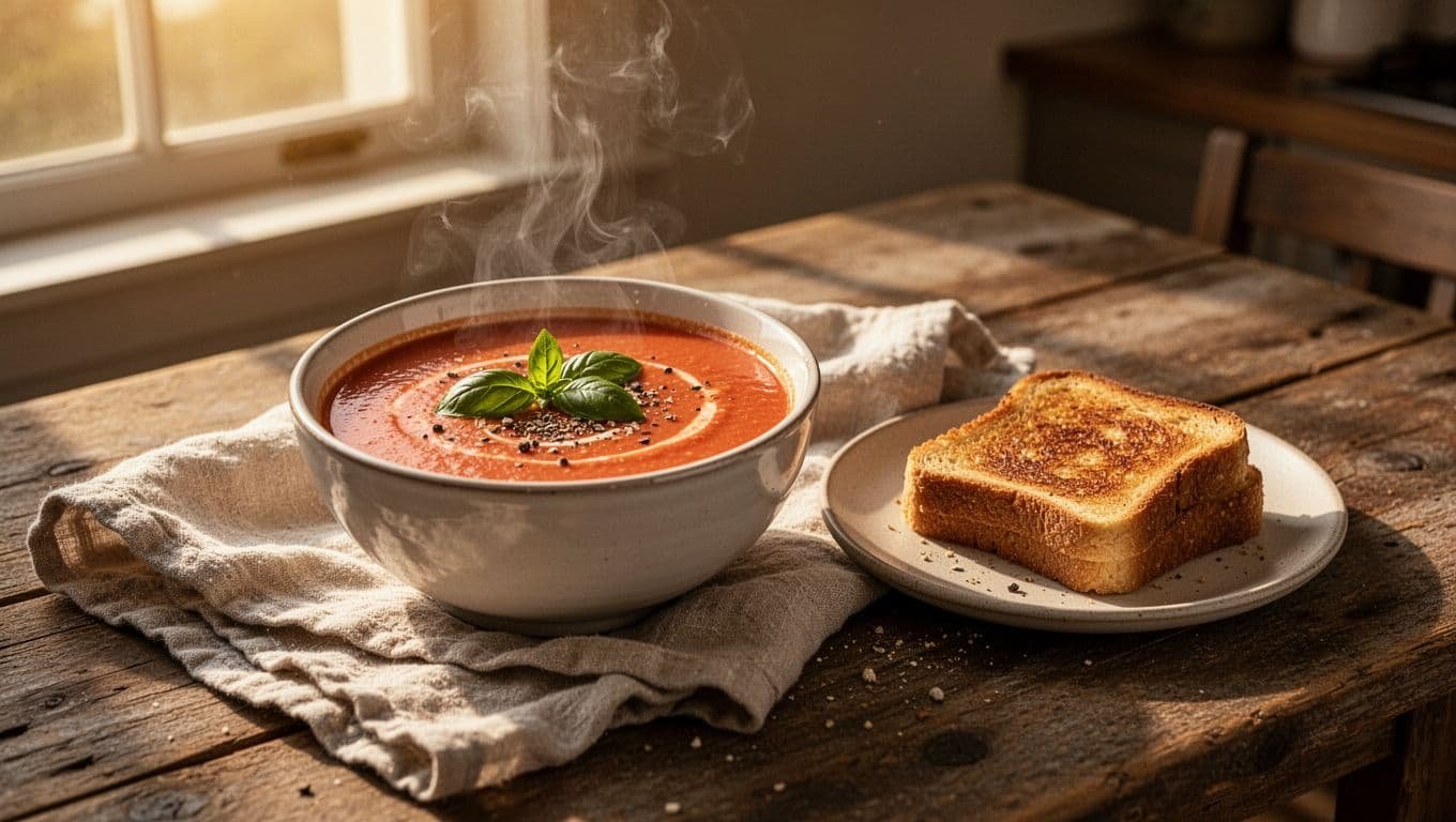 Creamy tomato soup and a grilled cheese sandwich on a cozy kitchen table.