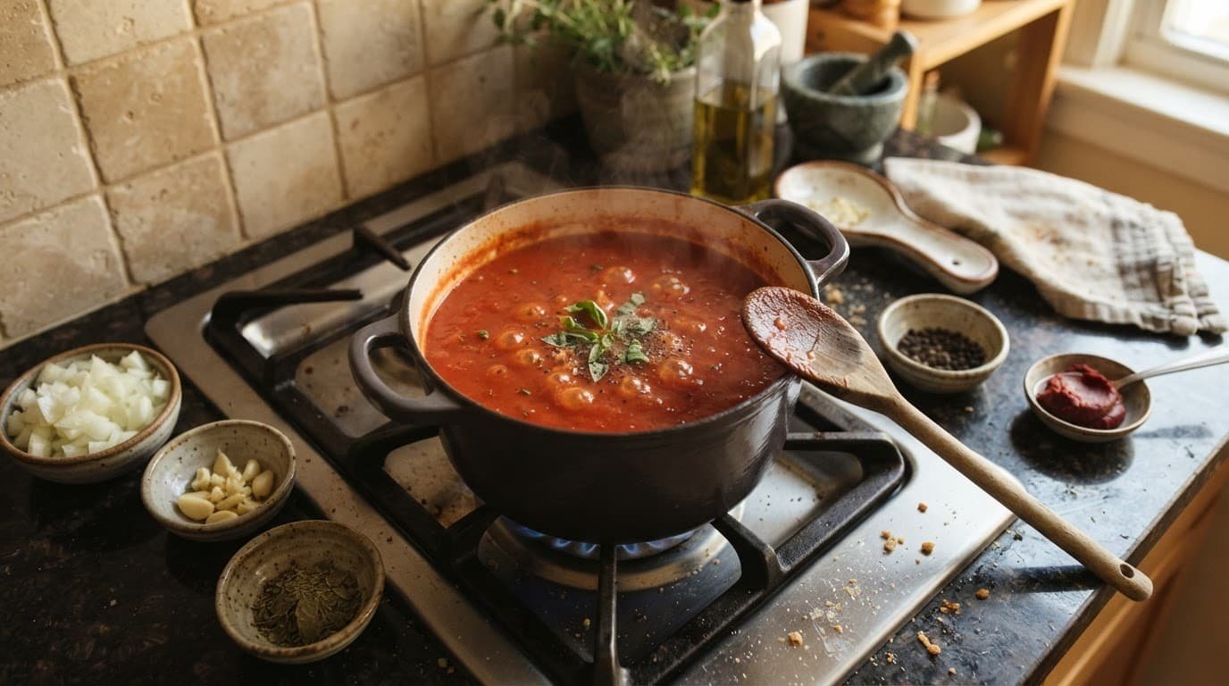 Tomato soup simmers beside bowls of onion, garlic, basil, pepper, and tomato paste.