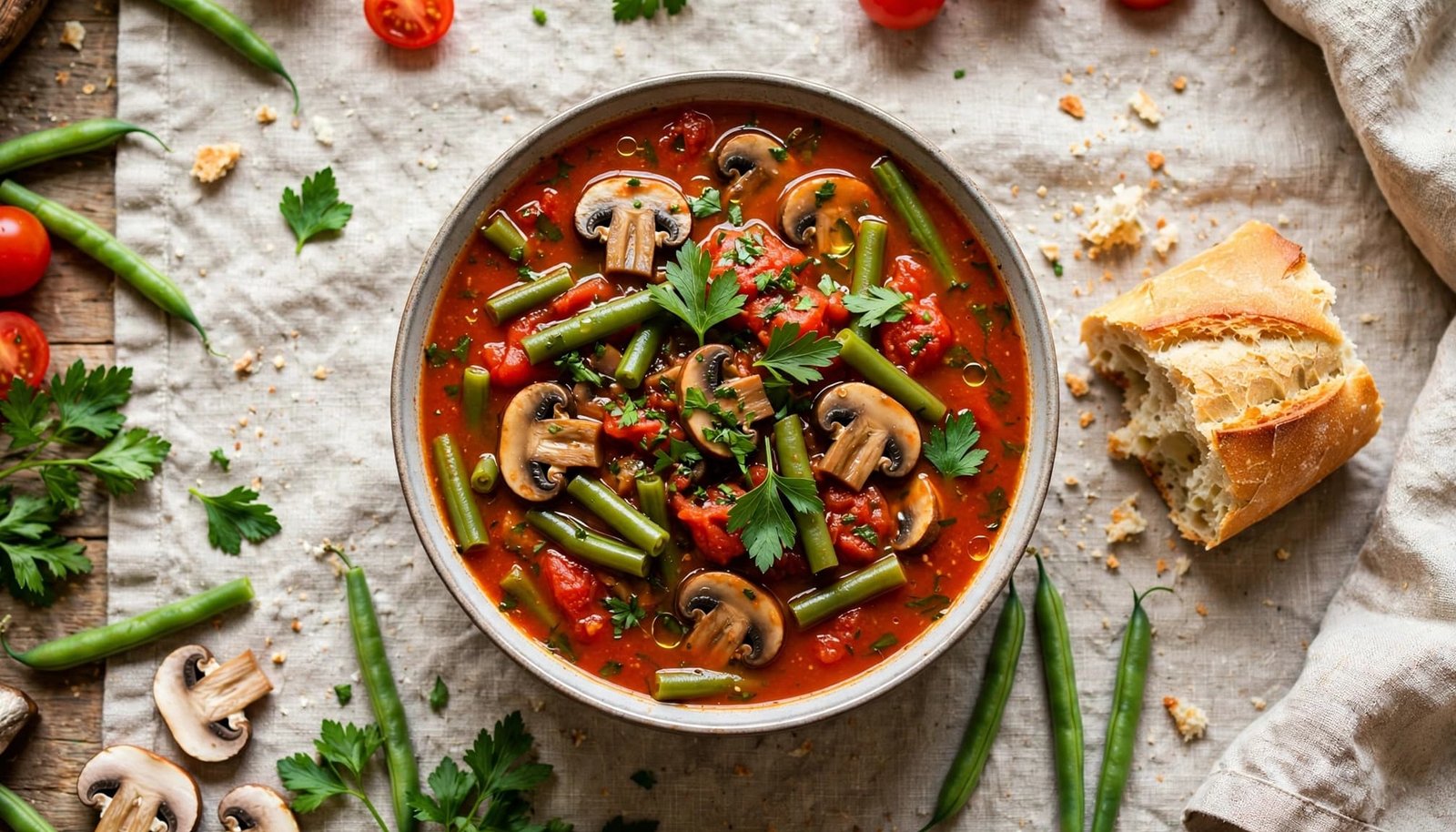 A bowl of tomato stew with mushrooms, green beans, parsley, and bread.