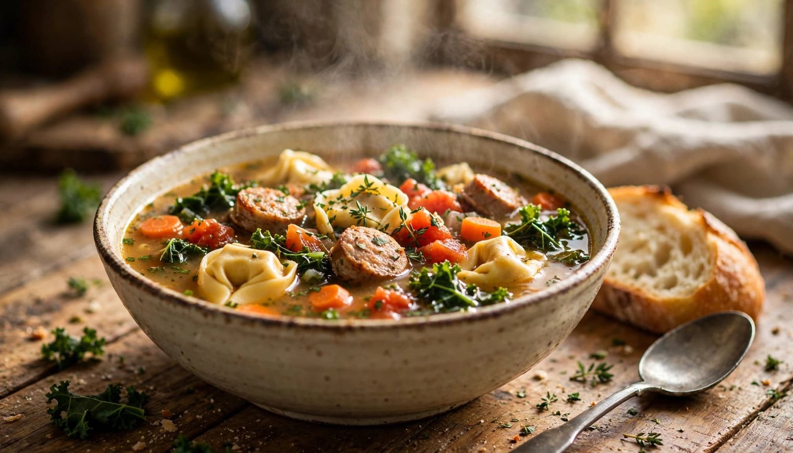 Bowl of tortellini soup with sausage, kale, vegetables, bread, and a spoon.