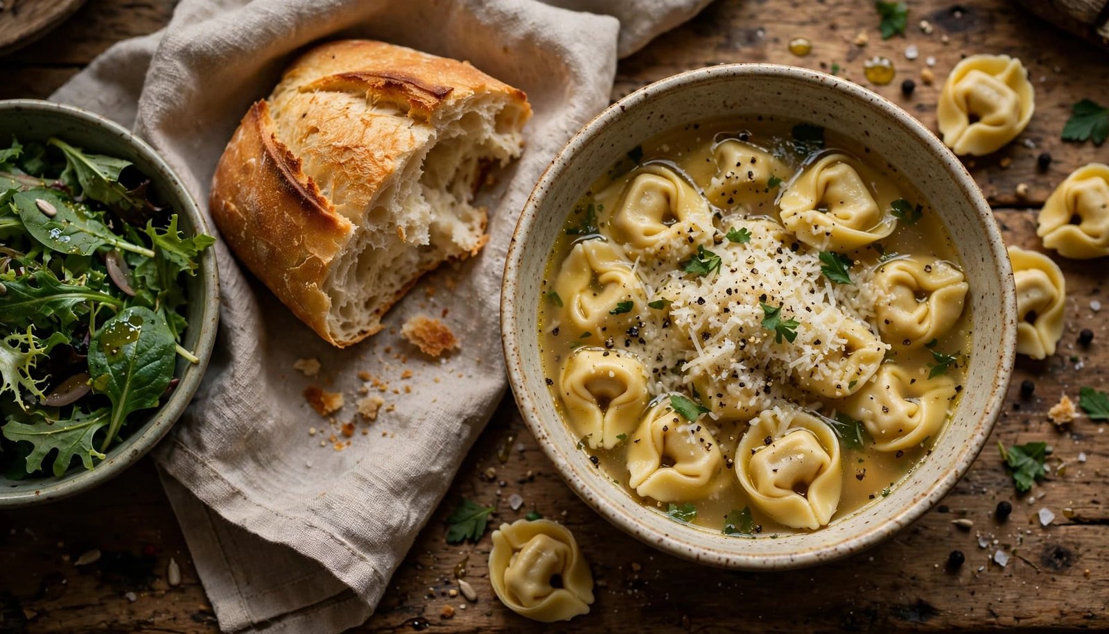 Tortellini soup with bread and green salad on a rustic table.