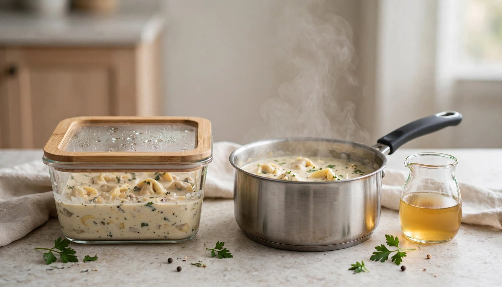 Covered tortellini soup sits beside a steaming saucepan on a kitchen counter.