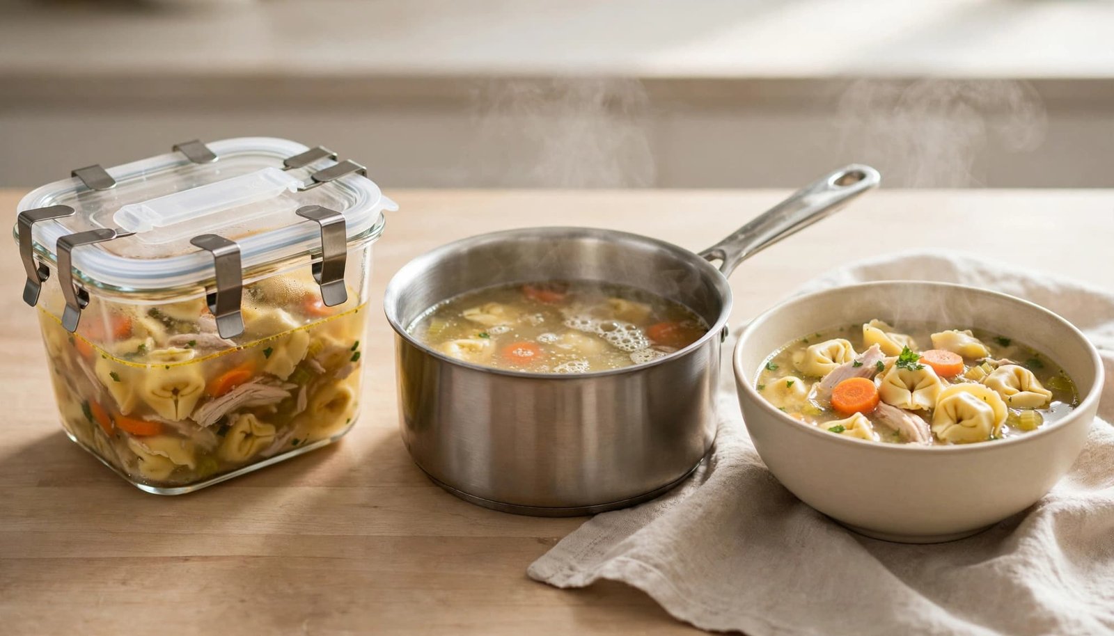 Container of tortellini soup beside a saucepan and serving bowl on a kitchen counter.