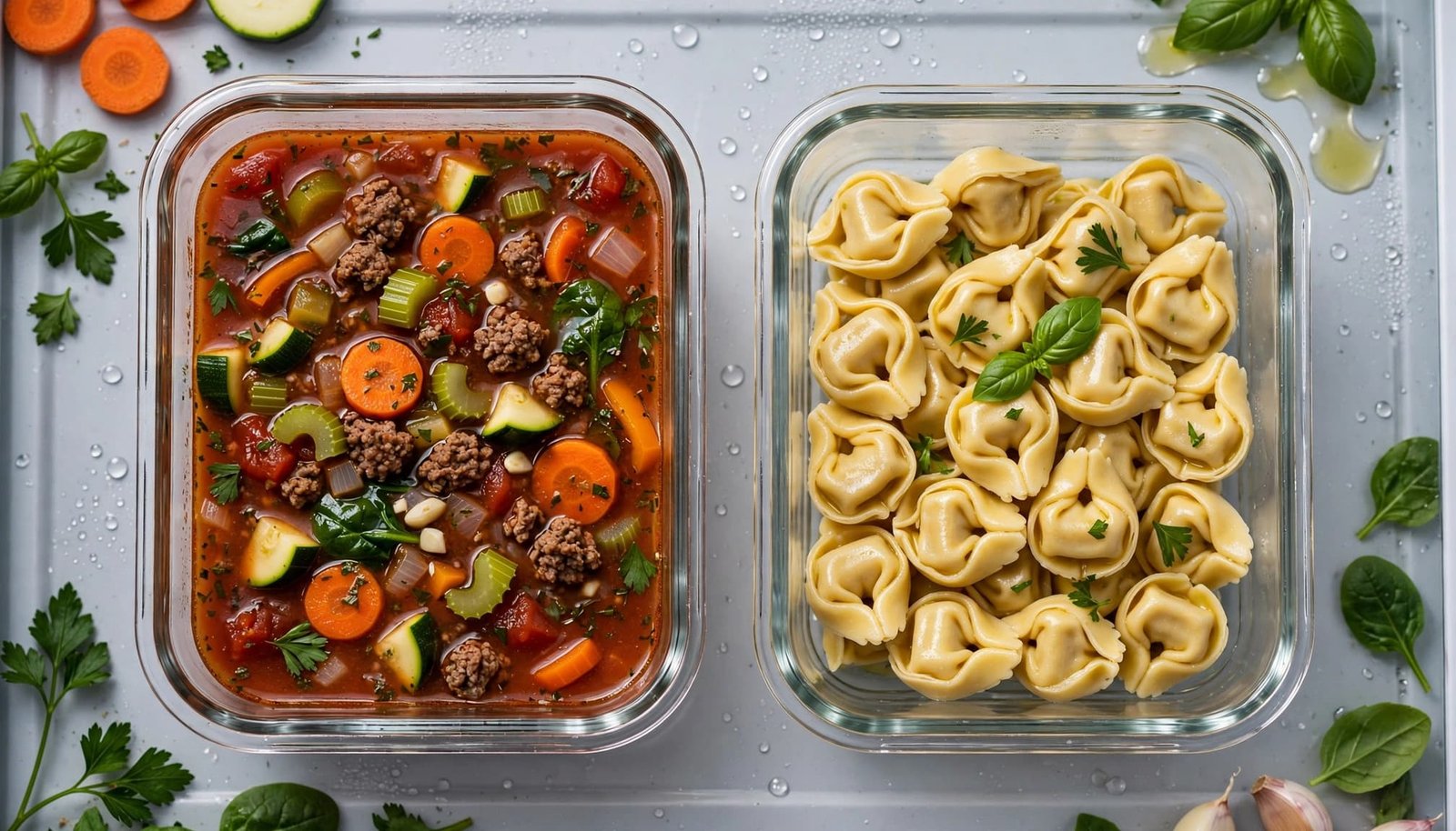 Containers separate tortellini from tomato beef soup and vegetables for storage.
