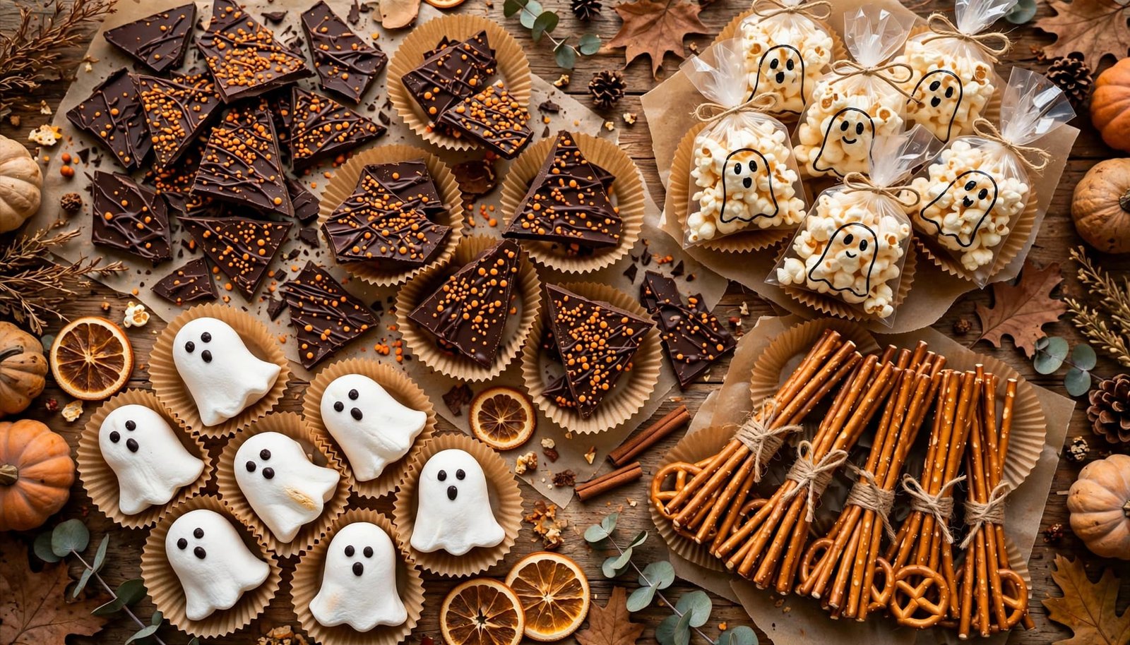 Halloween treats include chocolate bark, ghost popcorn bags, pretzel brooms, and marshmallow ghosts.
