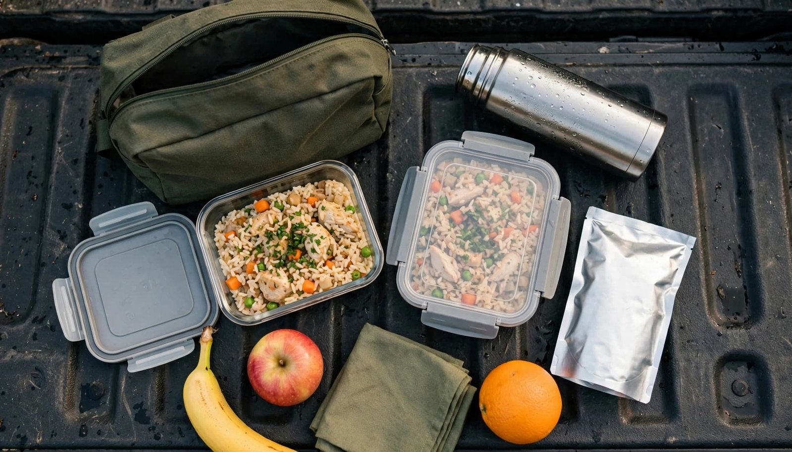 Packed lunch with a thermos, rice and chicken, fruit, and tuna on a truck tailgate.