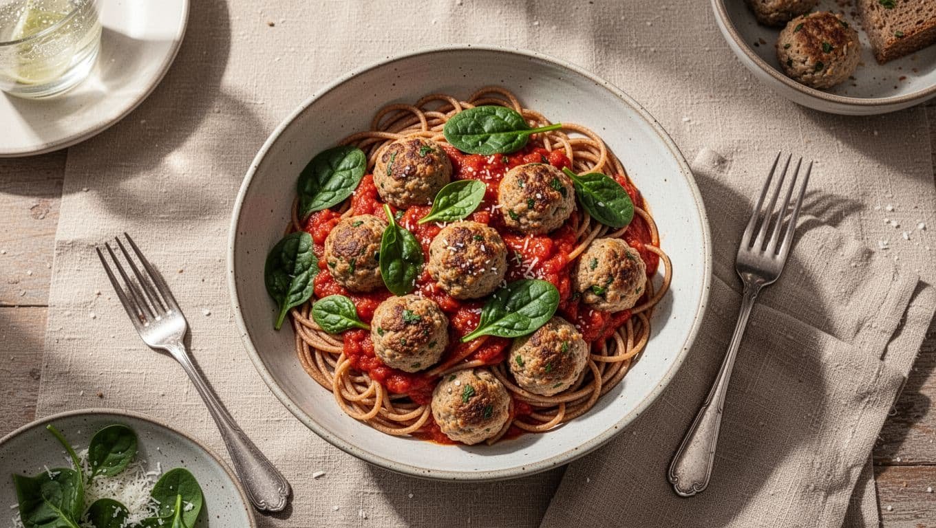 Bowl of turkey meatballs and whole-wheat spaghetti with spinach and marinara sauce.