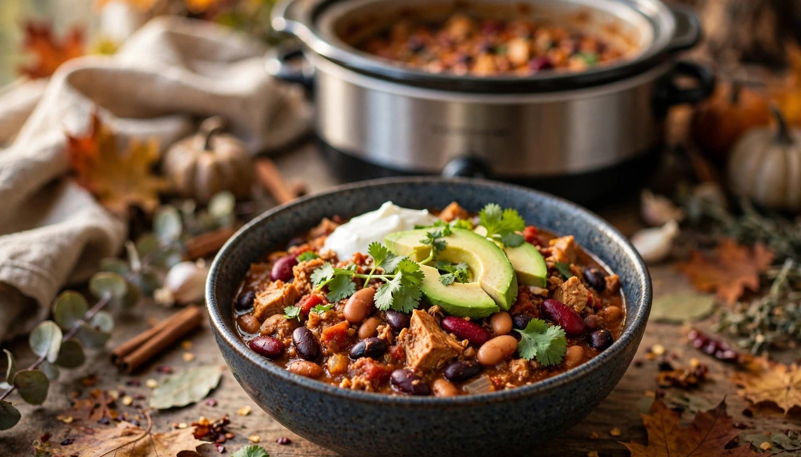 A bowl of turkey and bean chili topped with avocado, cilantro, and yogurt.