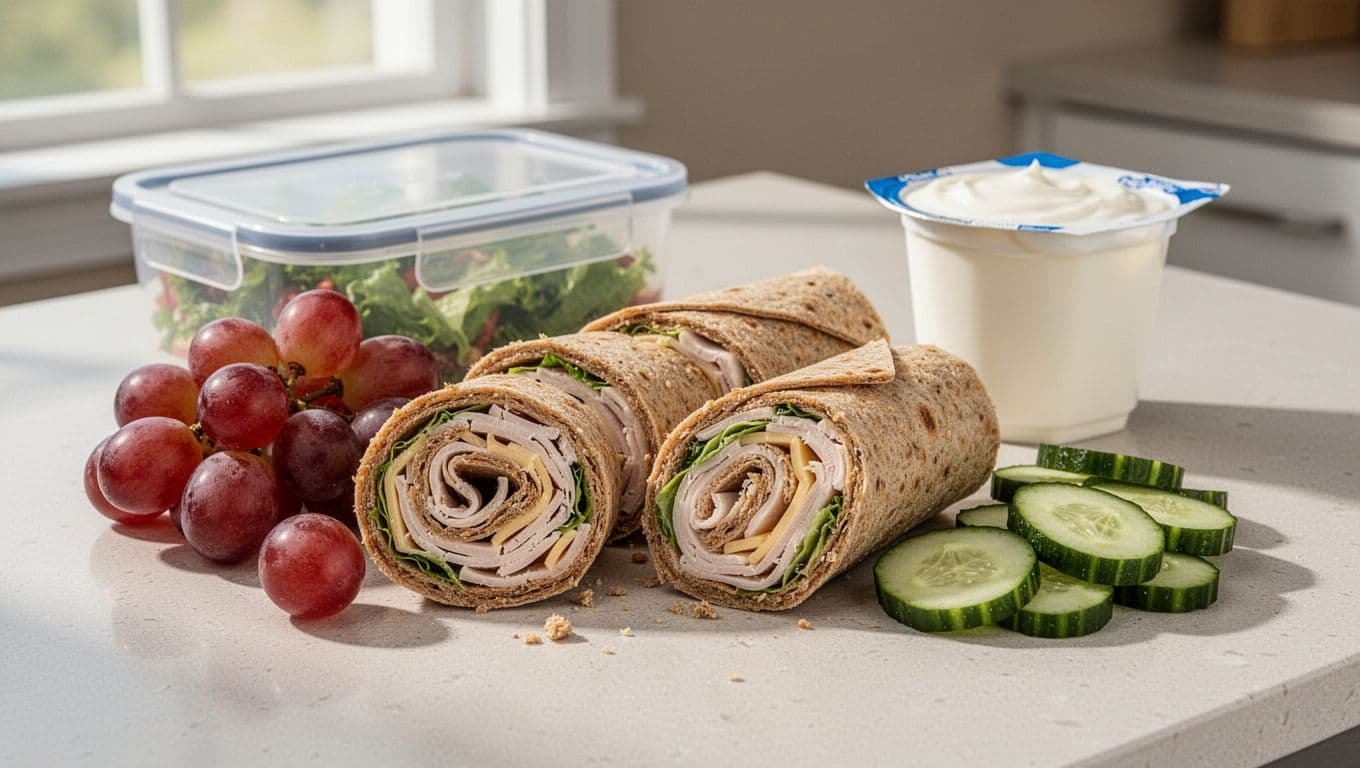 Turkey wrap pinwheels with grapes, cucumber strips, and yogurt on a kitchen counter.