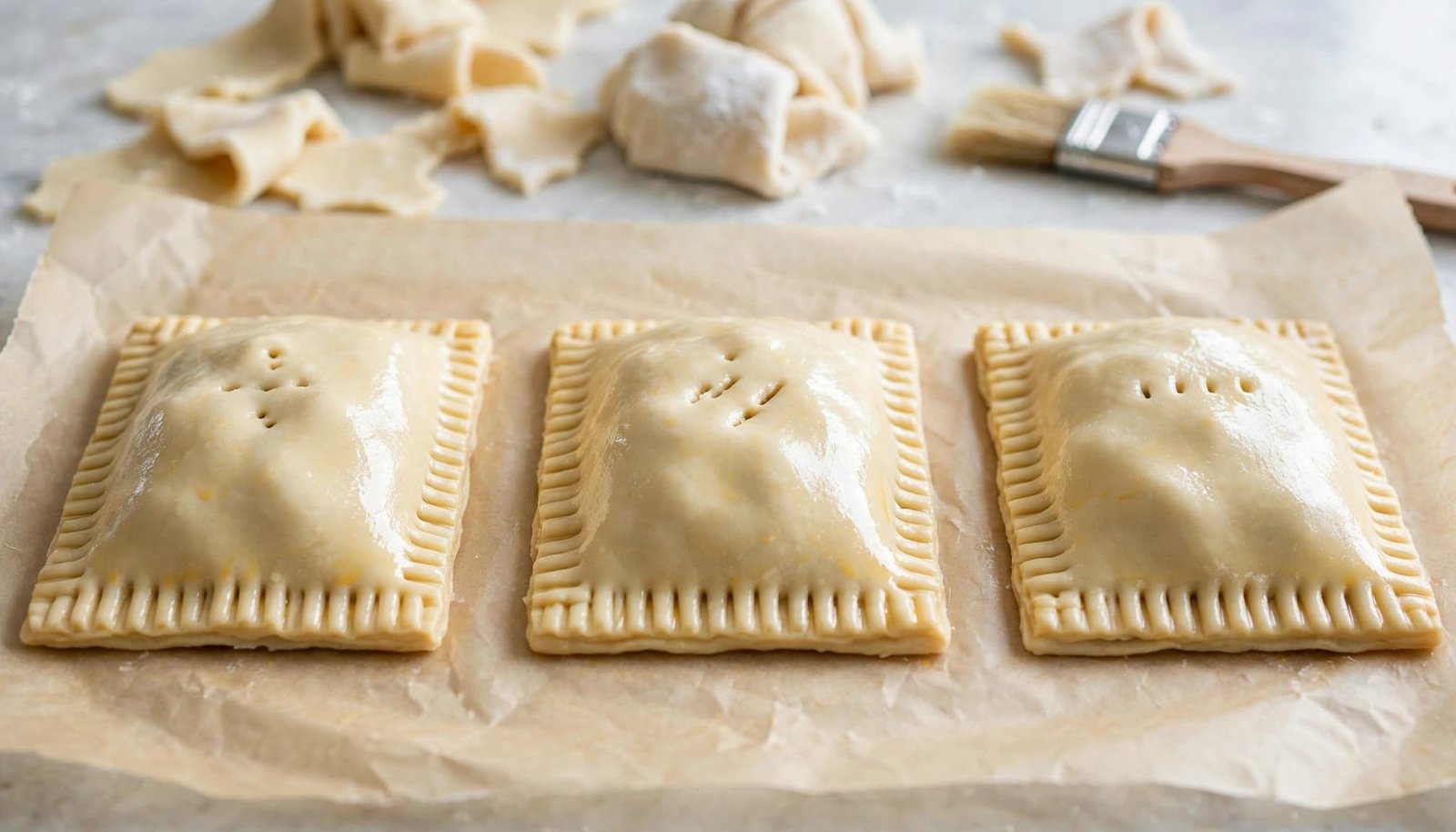 Three unbaked apple hand pies with crimped edges and vents on parchment.