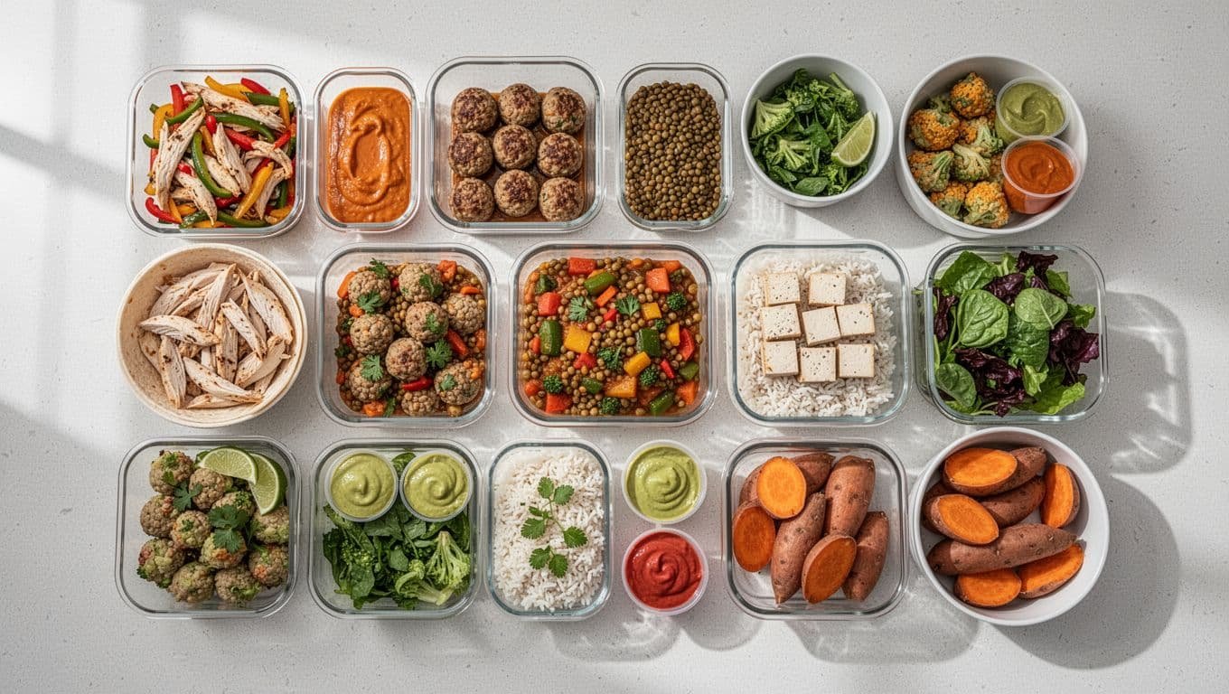Fifteen meal-prep portions with chicken, meatballs, lentils, tofu, vegetables, greens, and sauces on a kitchen counter.